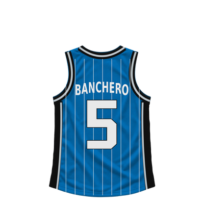 Orlando Magic BANCHERO #5 jersey keychain artwork preview. Jersey keychain design. Attachment hardware is supplied with the finished acrylic keychain.