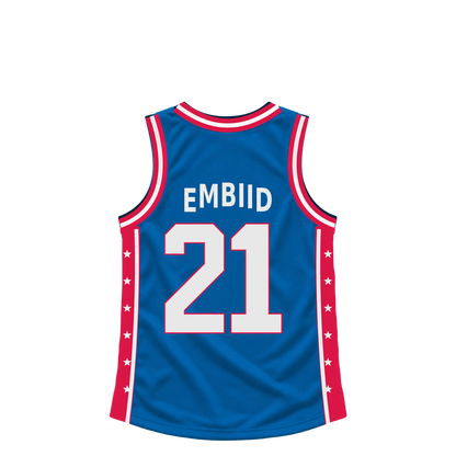 Philadelphia 76Ers EMBIID #21 jersey keychain artwork preview. Jersey keychain design. Attachment hardware is supplied with the finished acrylic keychain.