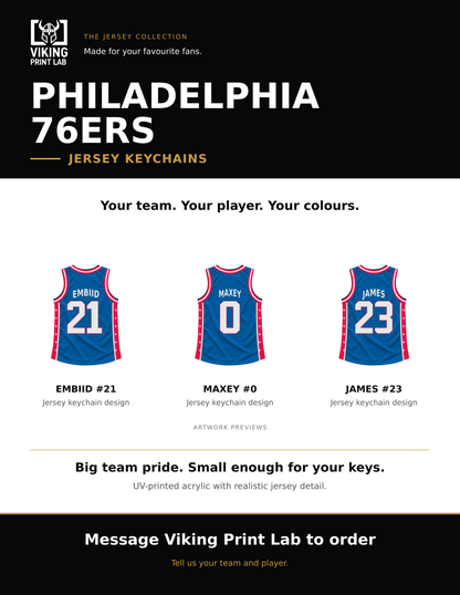 Philadelphia 76Ers jersey keychain design overview, showing three available artwork examples. Price is for one keychain.