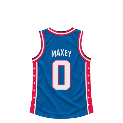 Philadelphia 76Ers MAXEY #0 jersey keychain artwork preview. Jersey keychain design. Attachment hardware is supplied with the finished acrylic keychain.