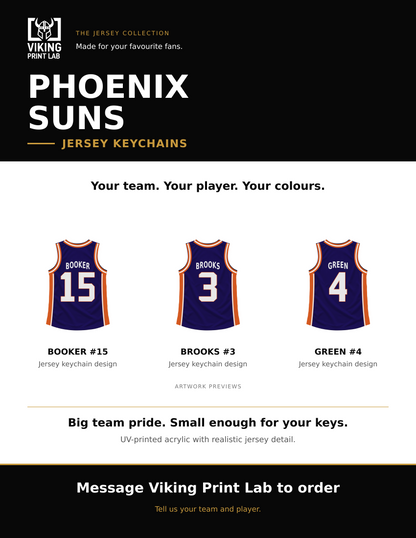 Phoenix Suns jersey keychain design overview, showing three available artwork examples. Price is for one keychain.