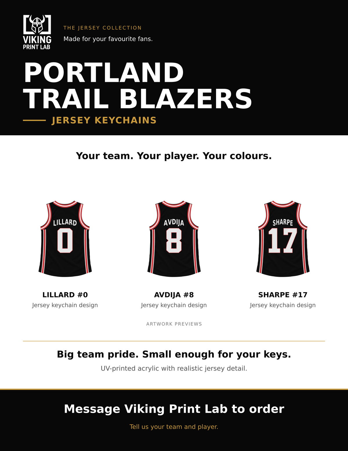 Portland Trail Blazers jersey keychain design overview, showing three available artwork examples. Price is for one keychain.