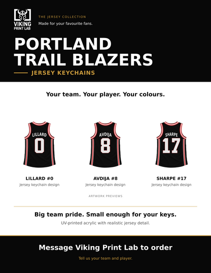 Portland Trail Blazers jersey keychain design overview, showing three available artwork examples. Price is for one keychain.