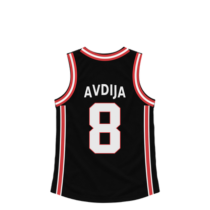 Portland Trail Blazers AVDIJA #8 jersey keychain artwork preview. Jersey keychain design. Attachment hardware is supplied with the finished acrylic keychain.