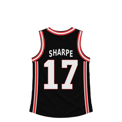 Portland Trail Blazers SHARPE #17 jersey keychain artwork preview. Jersey keychain design. Attachment hardware is supplied with the finished acrylic keychain.