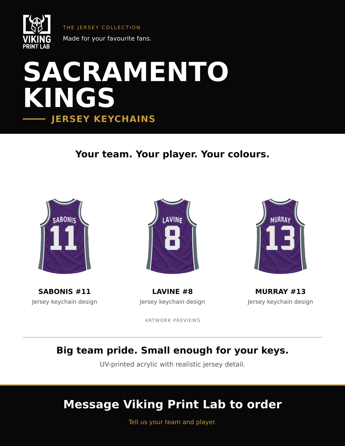 Sacramento Kings jersey keychain design overview, showing three available artwork examples. Price is for one keychain.