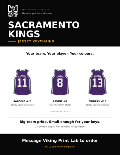 Sacramento Kings jersey keychain design overview, showing three available artwork examples. Price is for one keychain.