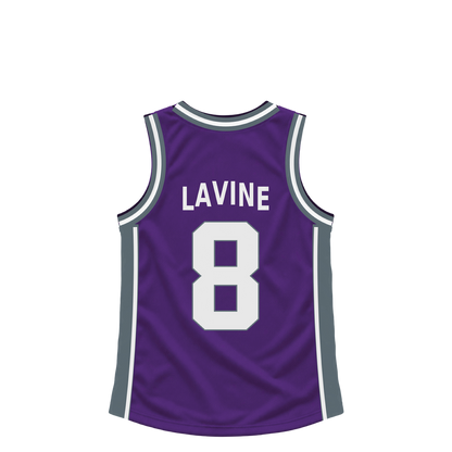 Sacramento Kings LAVINE #8 jersey keychain artwork preview. Jersey keychain design. Attachment hardware is supplied with the finished acrylic keychain.