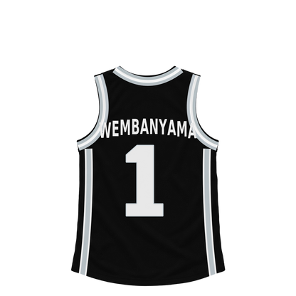 San Antonio Spurs WEMBANYAMA #1 jersey keychain artwork preview. Jersey keychain design. Attachment hardware is supplied with the finished acrylic keychain.