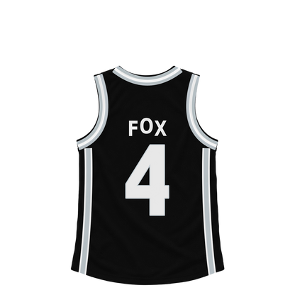 San Antonio Spurs FOX #4 jersey keychain artwork preview. Jersey keychain design. Attachment hardware is supplied with the finished acrylic keychain.