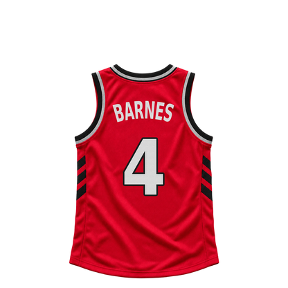 Toronto Raptors BARNES #4 jersey keychain artwork preview. Jersey keychain design. Attachment hardware is supplied with the finished acrylic keychain.