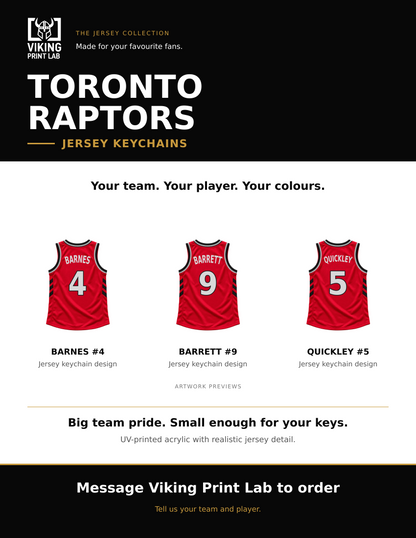 Toronto Raptors jersey keychain design overview, showing three available artwork examples. Price is for one keychain.