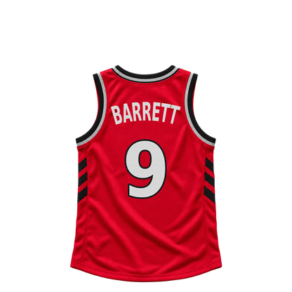 Toronto Raptors BARRETT #9 jersey keychain artwork preview. Jersey keychain design. Attachment hardware is supplied with the finished acrylic keychain.