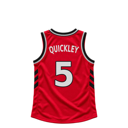 Toronto Raptors QUICKLEY #5 jersey keychain artwork preview. Jersey keychain design. Attachment hardware is supplied with the finished acrylic keychain.
