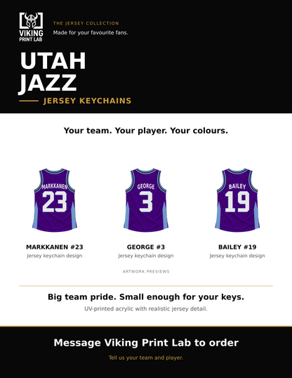 Utah Jazz jersey keychain design overview, showing three available artwork examples. Price is for one keychain.