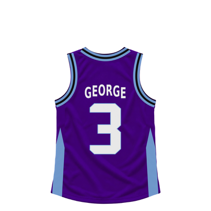 Utah Jazz GEORGE #3 jersey keychain artwork preview. Jersey keychain design. Attachment hardware is supplied with the finished acrylic keychain.