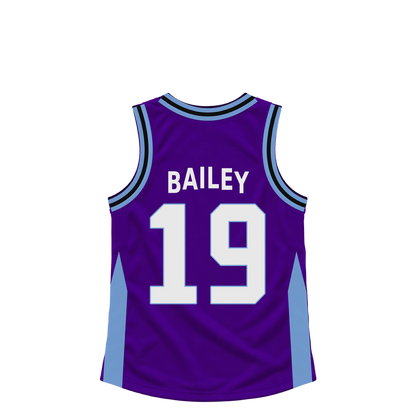 Utah Jazz BAILEY #19 jersey keychain artwork preview. Jersey keychain design. Attachment hardware is supplied with the finished acrylic keychain.