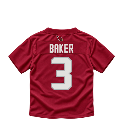 Arizona Cardinals BAKER #3 jersey keychain artwork preview. Jersey keychain design. Attachment hardware is supplied with the finished acrylic keychain.