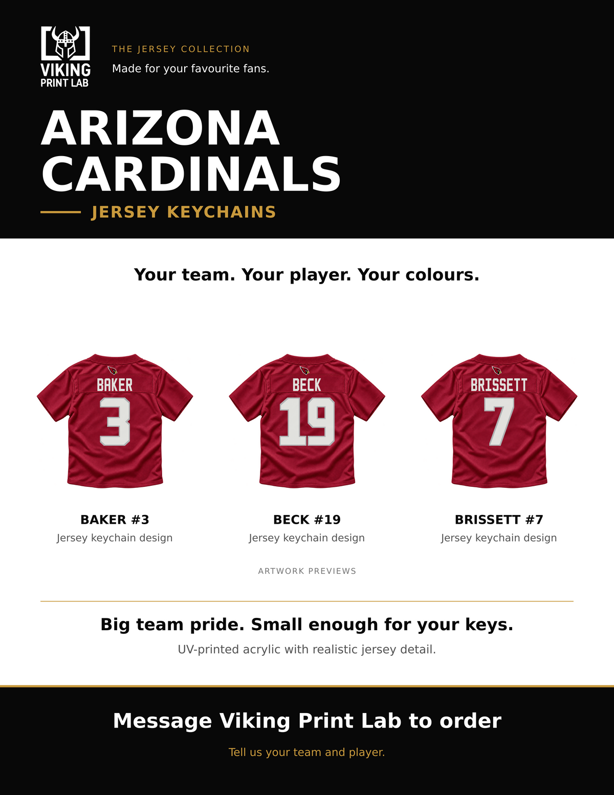 Arizona Cardinals jersey keychain design overview, showing three available artwork examples. Price is for one keychain.