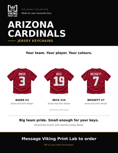 Arizona Cardinals jersey keychain design overview, showing three available artwork examples. Price is for one keychain.