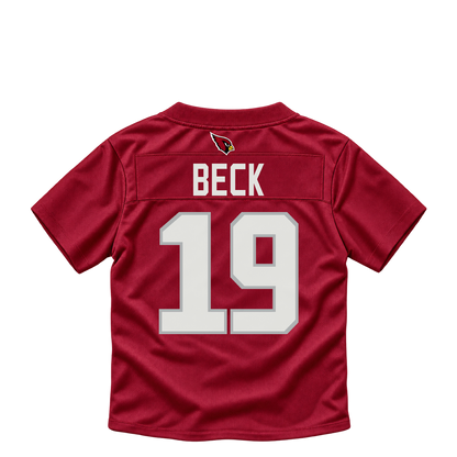 Arizona Cardinals BECK #19 jersey keychain artwork preview. Jersey keychain design. Attachment hardware is supplied with the finished acrylic keychain.