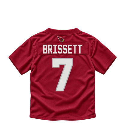 Arizona Cardinals BRISSETT #7 jersey keychain artwork preview. Jersey keychain design. Attachment hardware is supplied with the finished acrylic keychain.