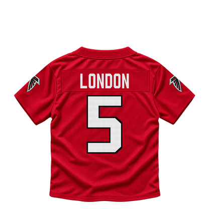 Atlanta Falcons LONDON #5 jersey keychain artwork preview. Jersey keychain design. Attachment hardware is supplied with the finished acrylic keychain.
