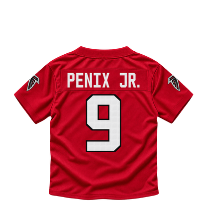 Atlanta Falcons PENIX JR #9 jersey keychain artwork preview. Jersey keychain design. Attachment hardware is supplied with the finished acrylic keychain.