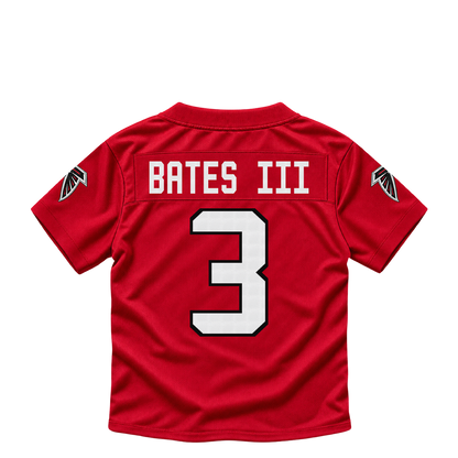 Atlanta Falcons BATES III #3 jersey keychain artwork preview. Jersey keychain design. Attachment hardware is supplied with the finished acrylic keychain.