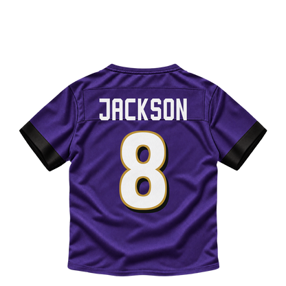 Baltimore Ravens JACKSON #8 jersey keychain artwork preview. Jersey keychain design. Attachment hardware is supplied with the finished acrylic keychain.