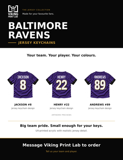 Baltimore Ravens jersey keychain design overview, showing three available artwork examples. Price is for one keychain.