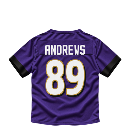 Baltimore Ravens ANDREWS #89 jersey keychain artwork preview. Jersey keychain design. Attachment hardware is supplied with the finished acrylic keychain.