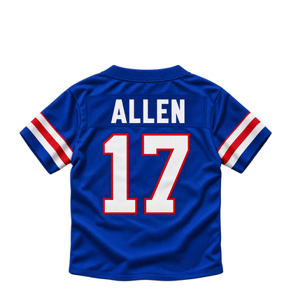 Buffalo Bills ALLEN #17 jersey keychain artwork preview. Jersey keychain design. Attachment hardware is supplied with the finished acrylic keychain.