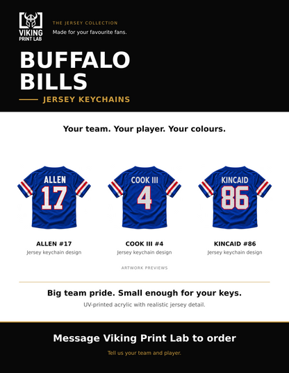 Buffalo Bills jersey keychain design overview, showing three available artwork examples. Price is for one keychain.