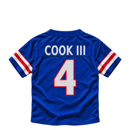 Buffalo Bills COOK III #4 jersey keychain artwork preview. Jersey keychain design. Attachment hardware is supplied with the finished acrylic keychain.