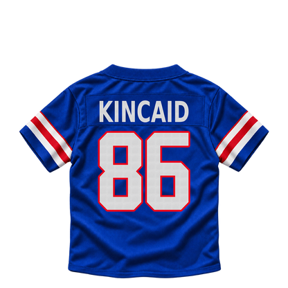 Buffalo Bills KINCAID #86 jersey keychain artwork preview. Jersey keychain design. Attachment hardware is supplied with the finished acrylic keychain.