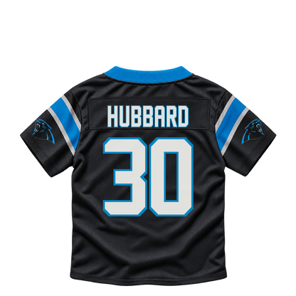Carolina Panthers HUBBARD #30 jersey keychain artwork preview. Jersey keychain design. Attachment hardware is supplied with the finished acrylic keychain.