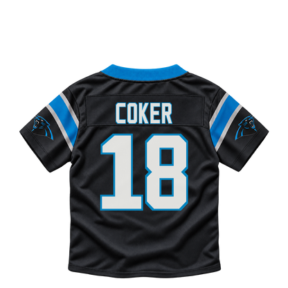 Carolina Panthers COKER #18 jersey keychain artwork preview. Jersey keychain design. Attachment hardware is supplied with the finished acrylic keychain.