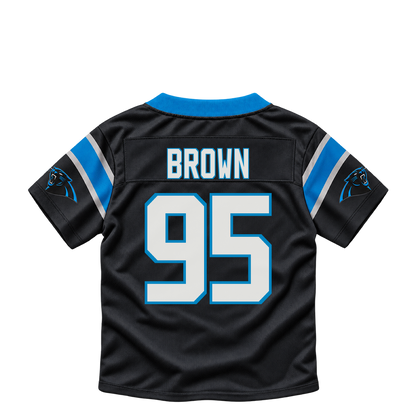 Carolina Panthers BROWN #95 jersey keychain artwork preview. Jersey keychain design. Attachment hardware is supplied with the finished acrylic keychain.