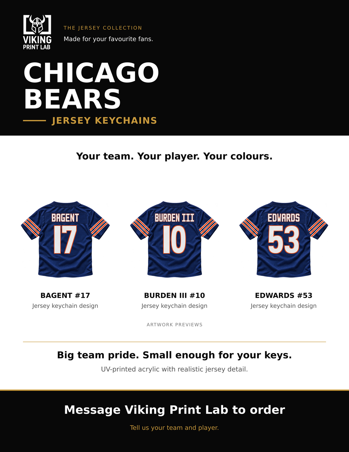 Chicago Bears jersey keychain design overview, showing three available artwork examples. Price is for one keychain.