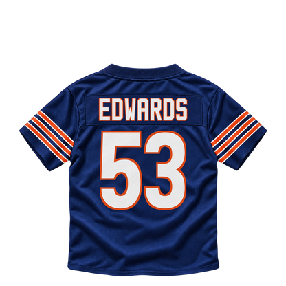 Chicago Bears EDWARDS #53 jersey keychain artwork preview. Jersey keychain design. Attachment hardware is supplied with the finished acrylic keychain.