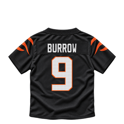 Cincinnati Bengals BURROW #9 jersey keychain artwork preview. Jersey keychain design. Attachment hardware is supplied with the finished acrylic keychain.
