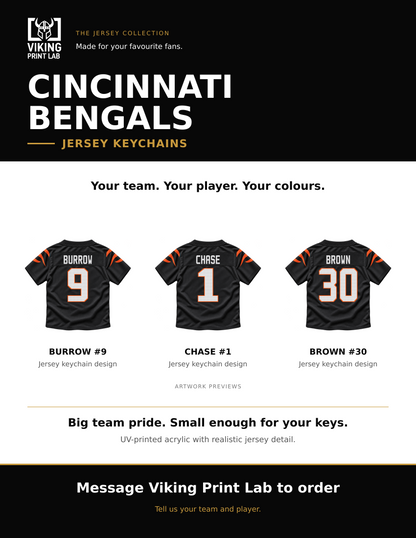 Cincinnati Bengals jersey keychain design overview, showing three available artwork examples. Price is for one keychain.