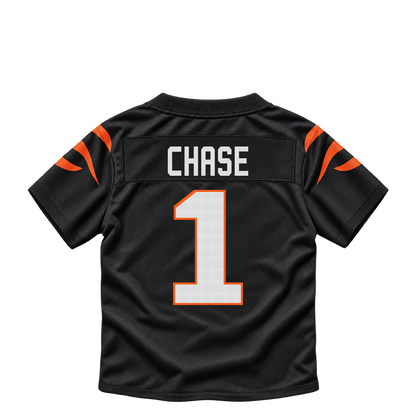 Cincinnati Bengals CHASE #1 jersey keychain artwork preview. Jersey keychain design. Attachment hardware is supplied with the finished acrylic keychain.