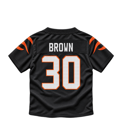Cincinnati Bengals BROWN #30 jersey keychain artwork preview. Jersey keychain design. Attachment hardware is supplied with the finished acrylic keychain.