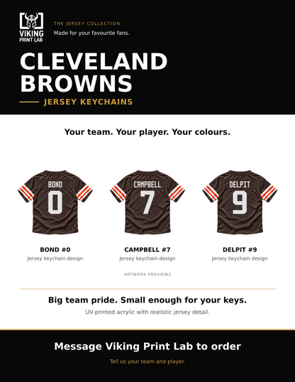 Cleveland Browns jersey keychain design overview, showing three available artwork examples. Price is for one keychain.