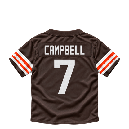 Cleveland Browns CAMPBELL #7 jersey keychain artwork preview. Jersey keychain design. Attachment hardware is supplied with the finished acrylic keychain.