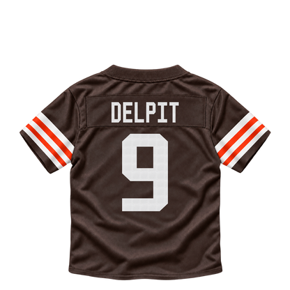 Cleveland Browns DELPIT #9 jersey keychain artwork preview. Jersey keychain design. Attachment hardware is supplied with the finished acrylic keychain.