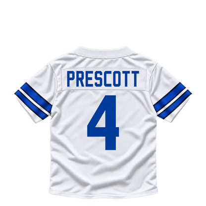 Dallas Cowboys PRESCOTT #4 jersey keychain artwork preview. Jersey keychain design. Attachment hardware is supplied with the finished acrylic keychain.