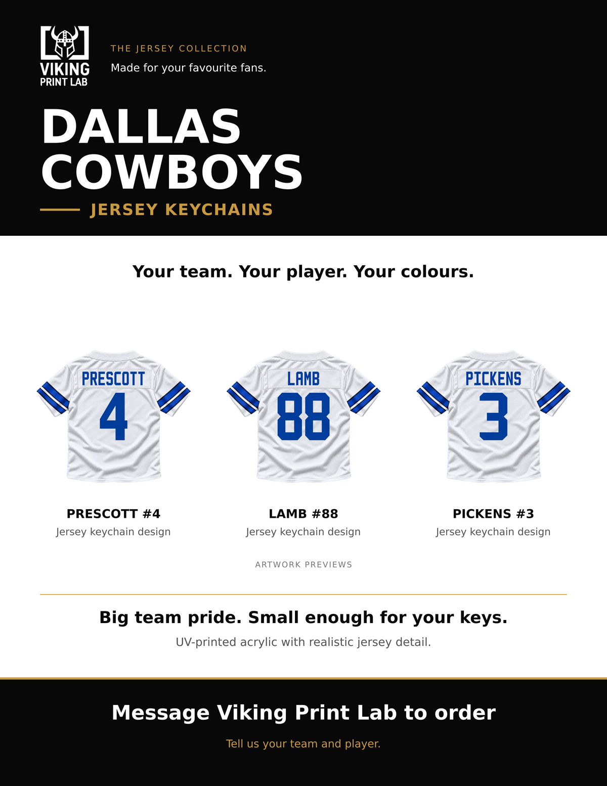 Dallas Cowboys jersey keychain design overview, showing three available artwork examples. Price is for one keychain.